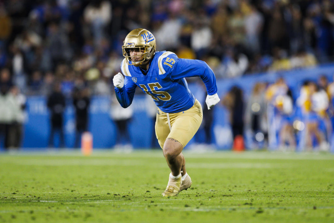 PASADENA, CA - NOVEMBER 25: UCLA Bruins defensive lineman Laiatu Latu (15) rushes the edge during a college football game against Cal Golden Bears on November 25, 2023 at Rose Bowl Stadium in Pasadena, CA. (Photo by Ric Tapia/Icon Sportswire via Getty Images)