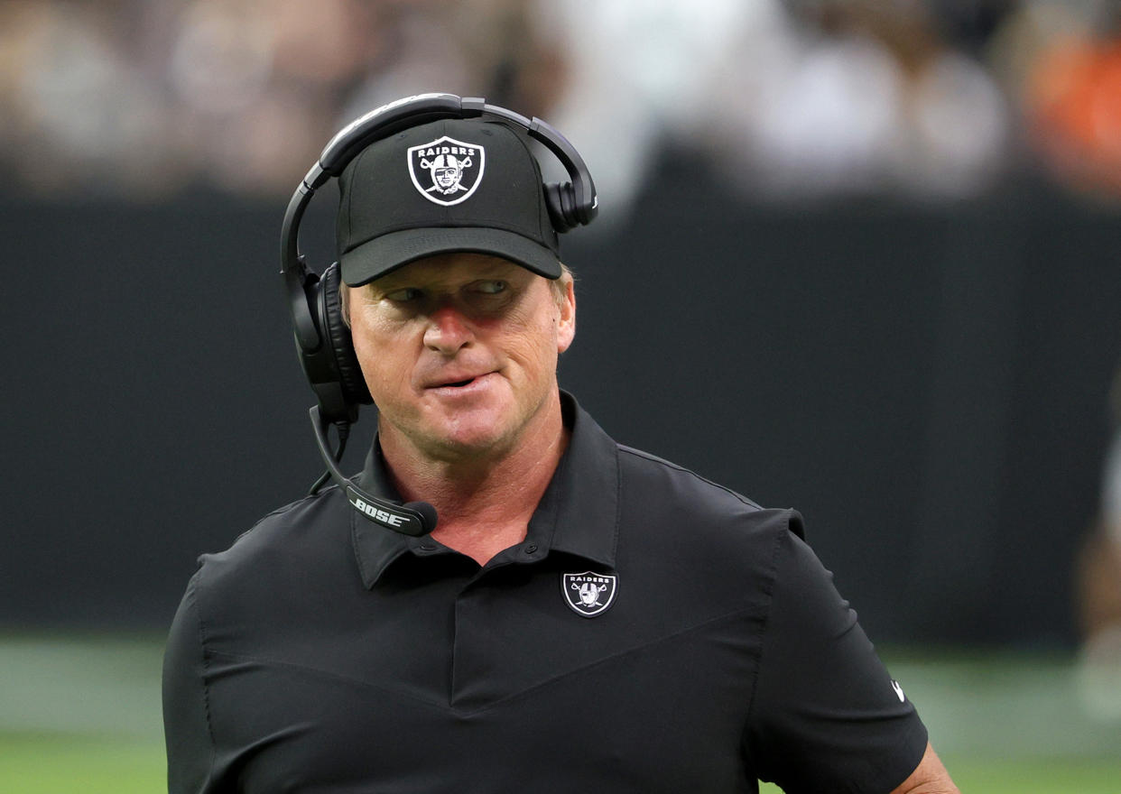 LAS VEGAS, NEVADA - OCTOBER 10:  Head coach Jon Gruden of the Las Vegas Raiders reacts during a game against the Chicago Bears at Allegiant Stadium on October 10, 2021 in Las Vegas, Nevada. The Bears defeated the Raiders 20-9.  (Photo by Ethan Miller/Getty Images)