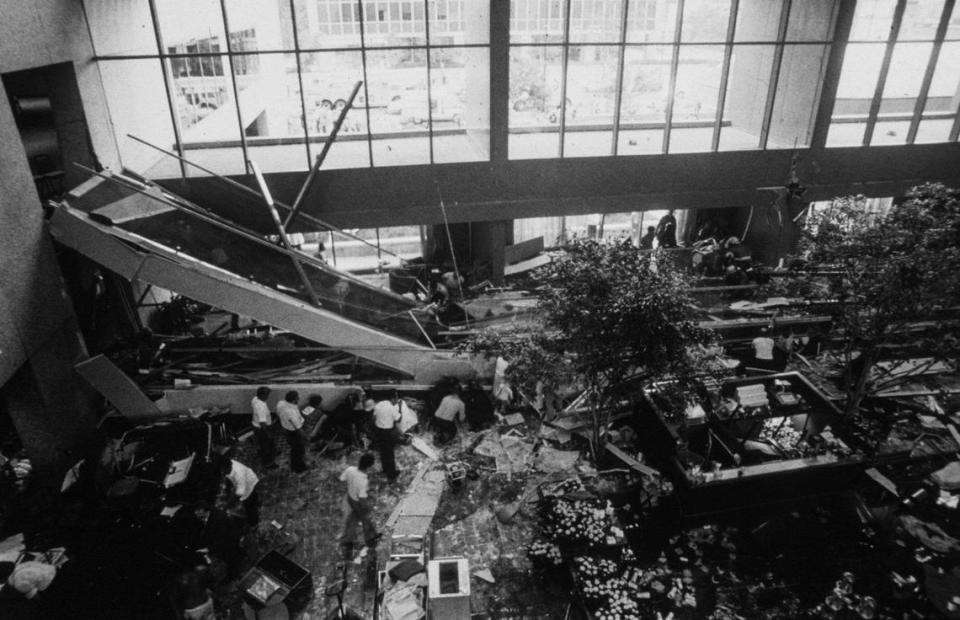 Workers sift through the rubble in the wake of the Hyatt Regency tragedy.