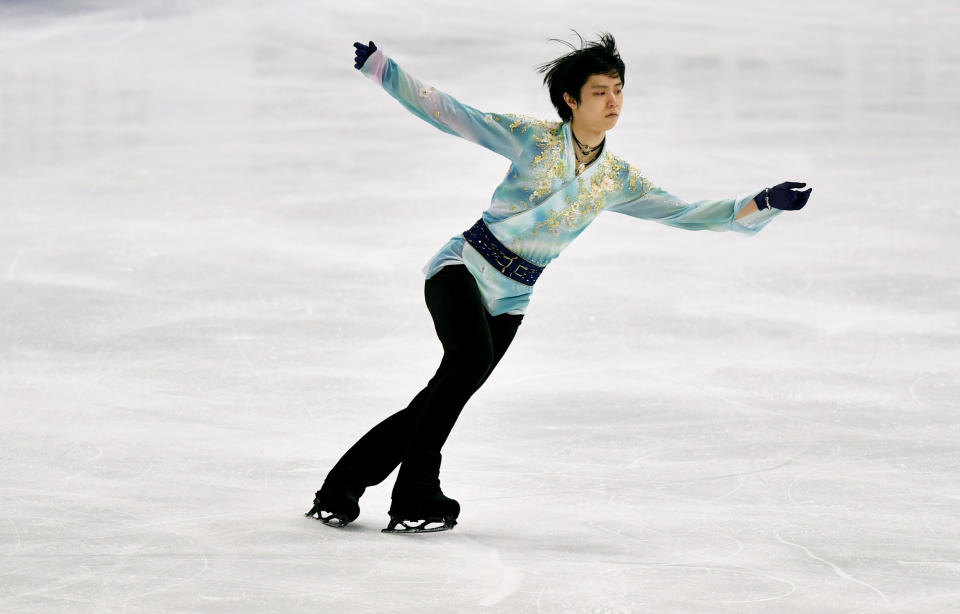 CAPTION CORRECTS THE ID - Yuzuru Hanyu of Japan performs during the Men Free Skating Program at the Figure Skating World Championships in Stockholm, Sweden, Saturday, March 27, 2021. (AP Photo/Martin Meissner)