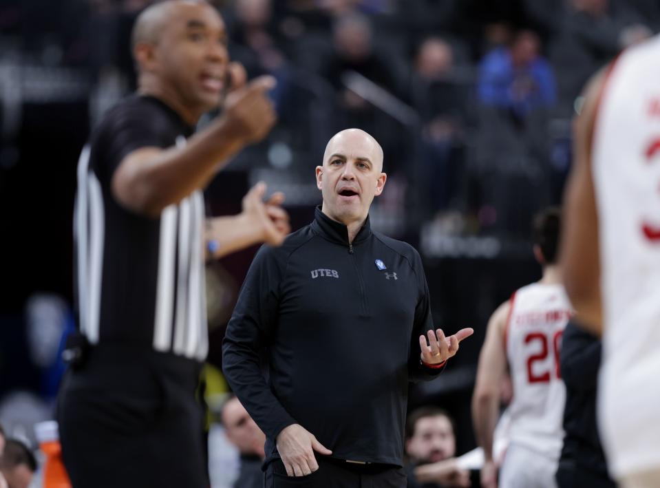 Utah Utes head coach Craig Smith questions the referee after a call as Utah and Stanford play in Pac-12 Tournament action at T-Mobile Arena in Las Vegas on Wednesday, March 8, 2023. | Scott G Winterton, Deseret News