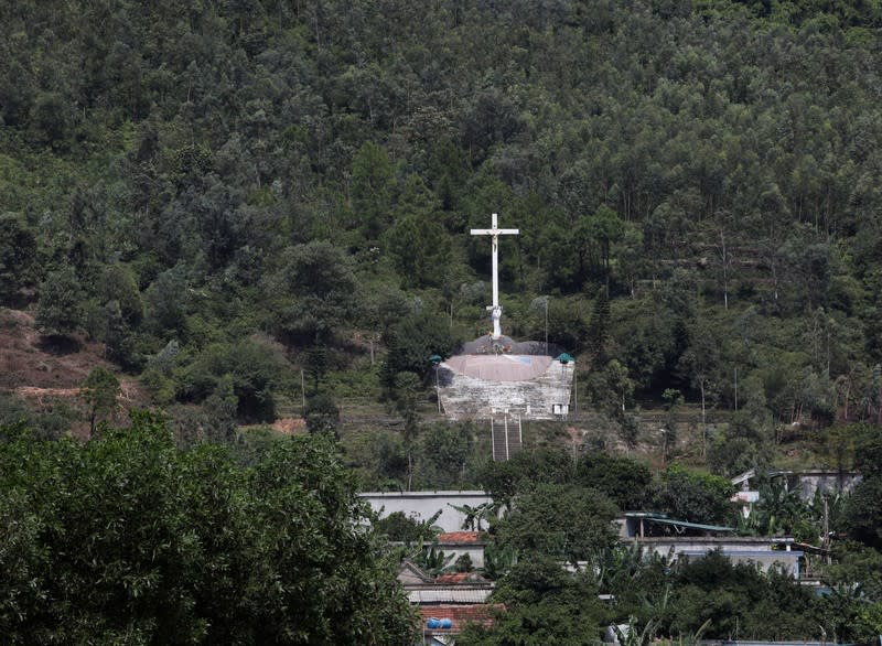 A holy cross is seen at a Catholic parish near Formosa steel mill in Ha Tinh province
