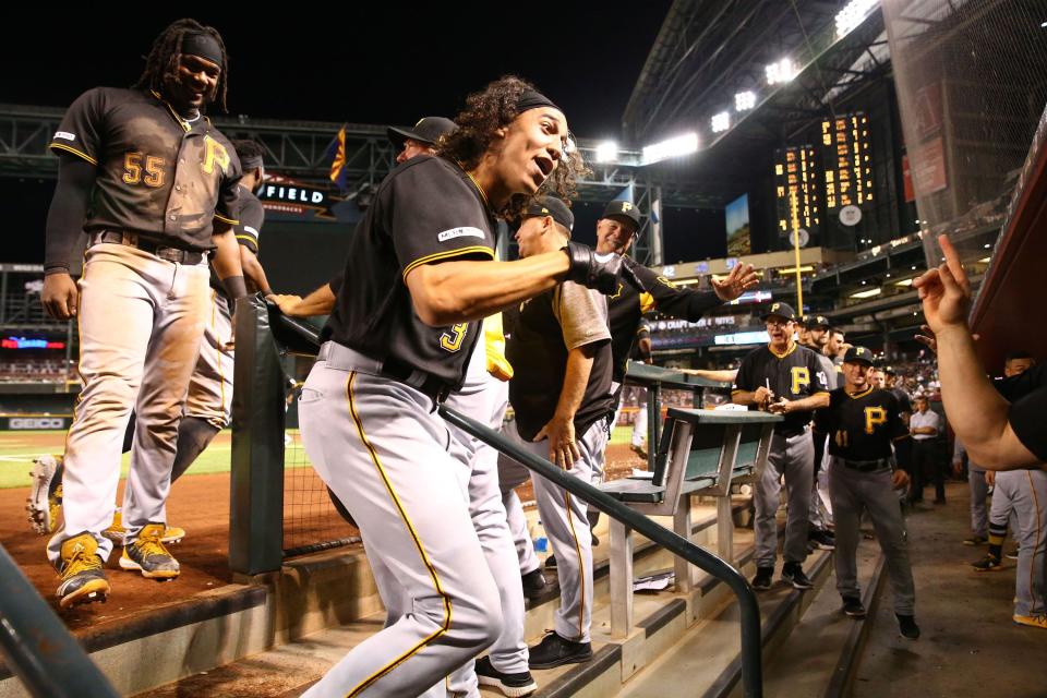 Pittsburgh Pirates Cole Tucker (3) celebrates after hitting a 2-run home run off Arizona Diamondbacks pitcher Zack Godley in the eighth inning on May. 14, 2019 at Chase Field in Phoenix, Ariz.