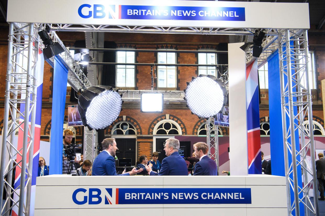 Manchester, UK. 4 October 2021. Broadcaster GB News live studio at the Conservative Party Conference in Manchester. Picture date: Monday October 4, 2021. Photo credit should read: Matt Crossick/Empics/Alamy Live News