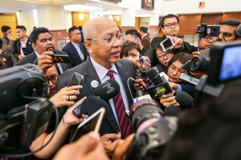 Ketereh MP Tan Sri Annuar Musa speaks to reporters at Parliament in Kuala Lumpur October 10, 2019. — Picture by Firdaus Latif