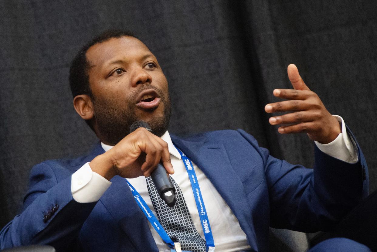 Chris Bennett, CEO and co-founder of Wonderschool, speaks during the Economic State of the State session at the Mississippi Economic Council annual meeting in Jackson, Miss., Thursday, April 18, 2024.