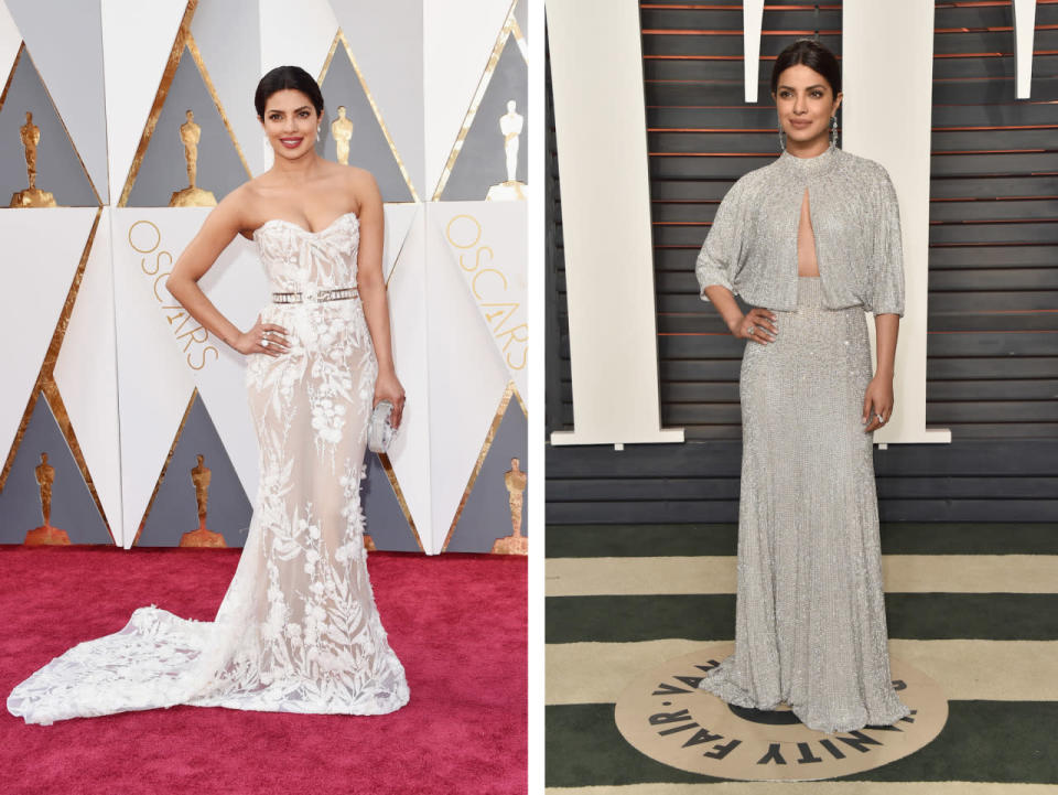 Before: Priyanka Chopra in Zuhair Murad. After: The “Quantico” actress in bespoke Jenny Packham at the Vanity Far Oscar Party.