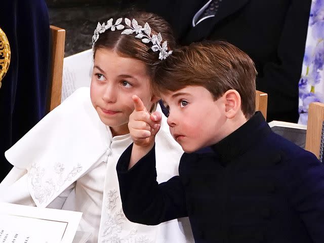 <p>Yui Mok - WPA Pool/Getty</p> Princess Charlotte and Prince Louis at the coronation on May 6, 2023