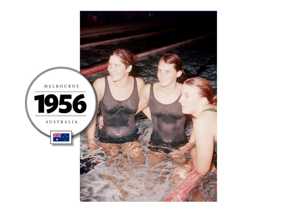 Speedo introduced a structured nylon one-piece in 1956, shown here on Australian swimmers Dawn Fraser, left, and Lorraine Crapp, right. Fraser is one of three people (including Michael Phelps) to win successive gold medals in the same three events over three consecutive Olympics.