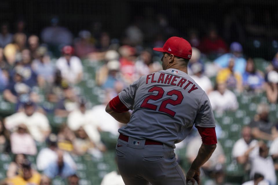 St. Louis Cardinals starting pitcher Jack Flaherty throws during the fifth inning of a baseball game against the Milwaukee Brewers Thursday, May 13, 2021, in Milwaukee. (AP Photo/Morry Gash)