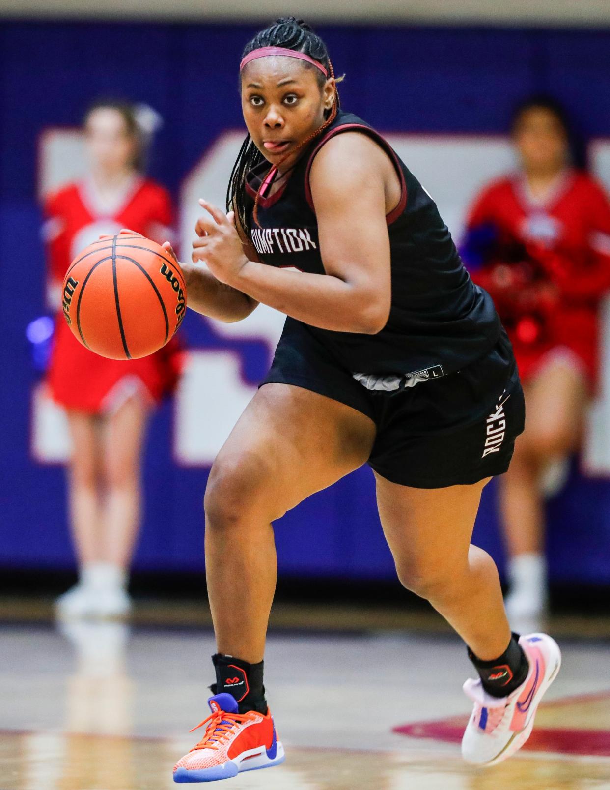 Assumption's Taryn Morris drives up the court against CAL Tuesday night of the 2024 Girls LIT. The Rockets beat the Centurions. Jan. 23, 2024