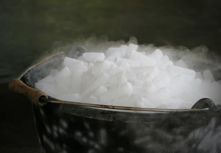 Pellets of dry ice in a bucket