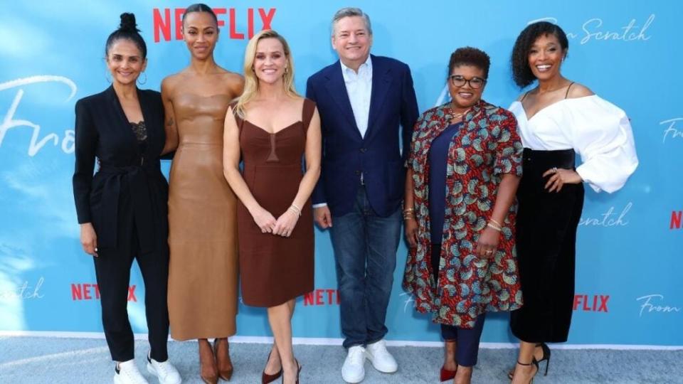 (L-R) Bela Bajaria, Zoe Saldaña, Reese Witherspoon, Nexflix CEO Ted Sarandos, Attica Locke, and Tembi Locke attend Netflix’s “From Scratch” Special Screening at Netflix Tudum Theater on October 17, 2022 in Los Angeles.