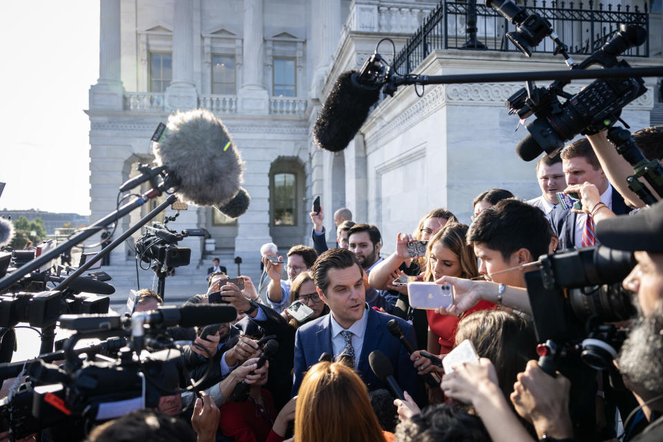 WASHINGTON, DC - OCTOBER 3: Rep. Matt Gaetz (R-FL) speaks to reporters as he leaves the U.S. Capitol after U.S. Speaker of the House Kevin McCarthy (R-CA) was ousted form his position, October 3, 2023 in Washington, DC. McCarthy was removed by a motion to vacate, an effort led by a handful of conservative members of his own party, including Rep. Matt Gaetz (R-FL). (Photo by Drew Angerer/Getty Images)