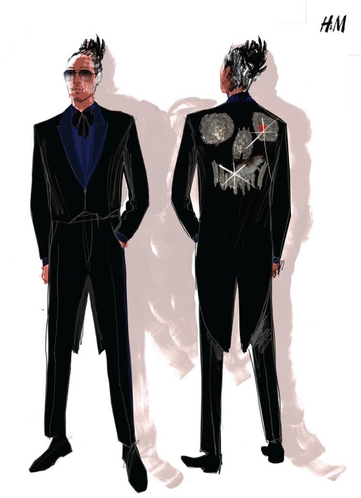 Detailed illustration of Future’s black tails by H&M.