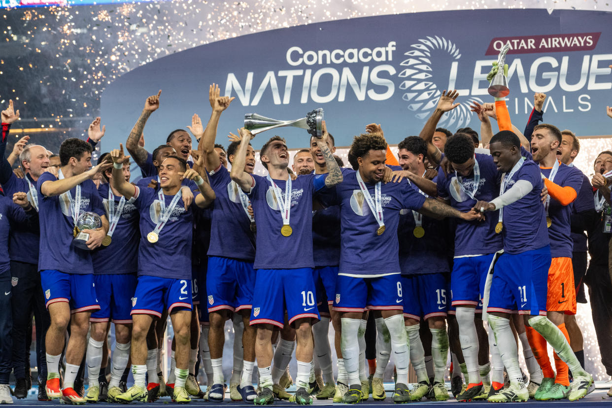 ARLINGTON, TX - MARCH 24:  The United States celebrates their victory and trophy during the CONCACAF Nations League Final match between United States and Mexico at AT&T Stadium on March 24, 2024 in Arlington, Texas.  The United States won the match 2-0 (Photo by Shaun Clark/ISI Photos/Getty Images)