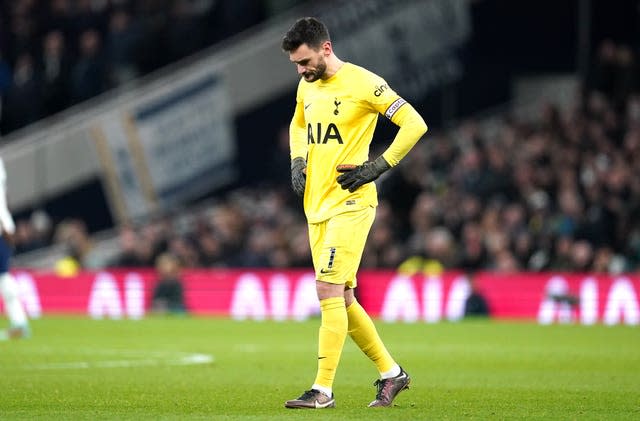 Captain Hugo Lloris, having scored an own goal, looks dejected during Tottenham's defeat (Nick Potts/PA).( 