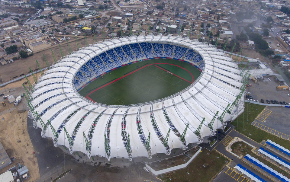 A newly built stadium that will host Arab Gulf Cup is see in Basra, Wednesday, Jan. 4, 2023. The 25th edition of the Arabian Gulf Cup will be held in the city of Basra, the first time the turmoil-wracked country will host the tournament since 1979. (AP Photo/Nabil al-Jurani)i)