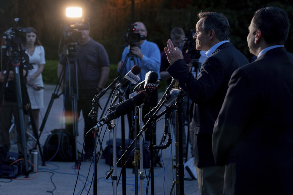 Kentucky Gov. Matt Bevin addresses the media after winning the Republican gubernatorial primary, in Frankfort, Ky., Tuesday, May 21, 2019. At right is Kentucky Sen. Ralph Alvarado, the Republican nominee for lieutenant governor. (AP Photo/Bryan Woolston)