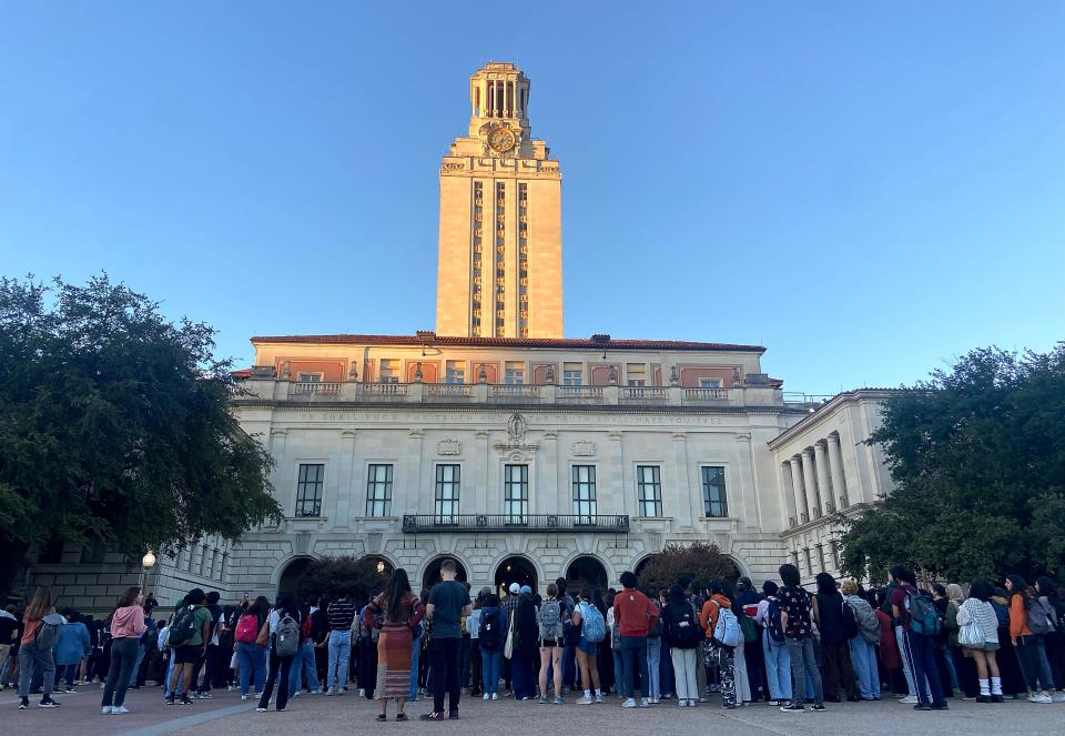 The University of Texas at Austin's Palestinian Solidarity Committee holds an emergency vigil in mourning for Palestinian lives lost in the Israel-Hamas war at the Tower Plaza Wednesday, Oct. 18, 2023.