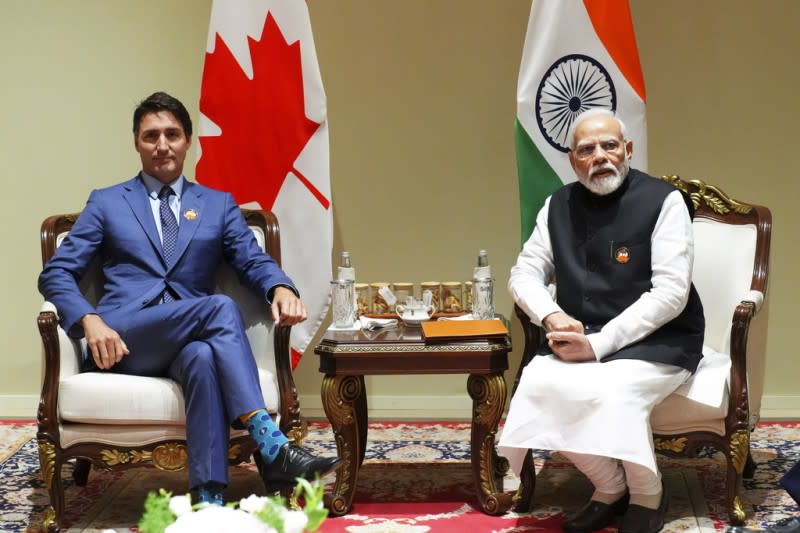 <cite>2023年9月10日，印度德里G20峰會，印度總理莫迪與加拿大總理杜魯道進行場邊會談。（AP）</cite>