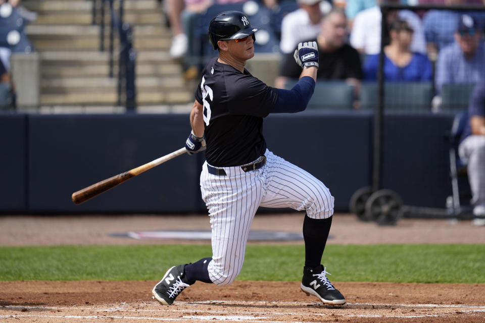 New York Yankees' DJ LeMahieu grounds out in the first inning of a spring training baseball game against the Tampa Bay Rays Wednesday, March 6, 2024, in Tampa, Fla. (AP Photo/Charlie Neibergall)