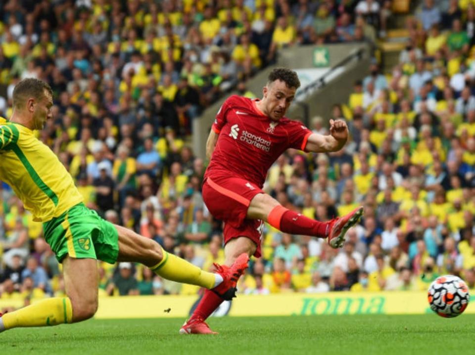 Diogo Jota of Liverpool scores against Norwich (Liverpool FC via Getty Images)