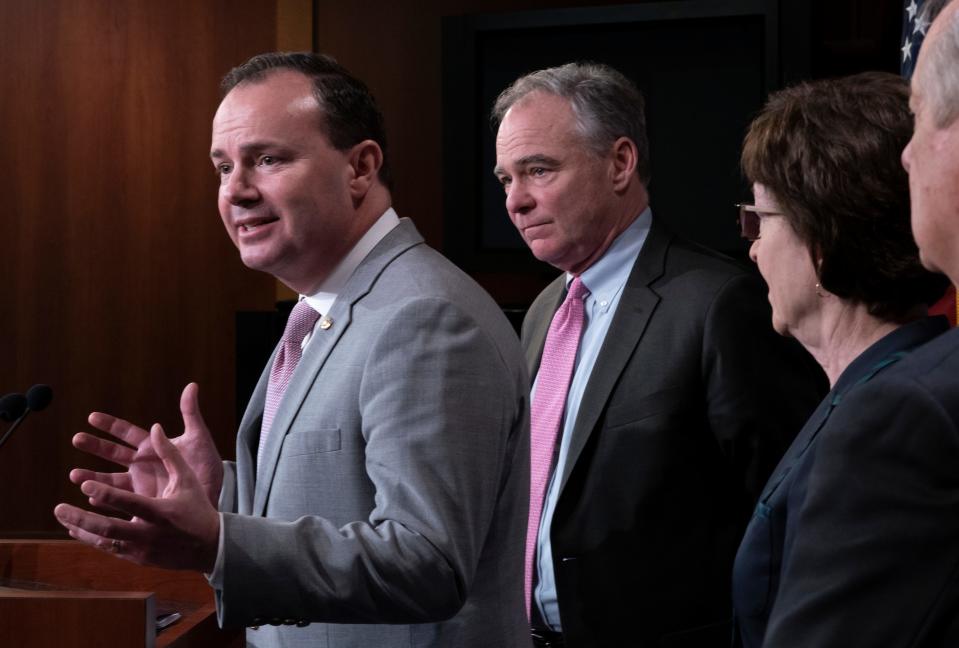 Sens. Mike Lee of Utah, left, and Susan Collins of Maine were among the Republicans who supported Sen. Tim Kaine, D-Va., who sponsored a resolution asserting that President Donald Trump must seek approval from Congress before engaging in military action against Iran.