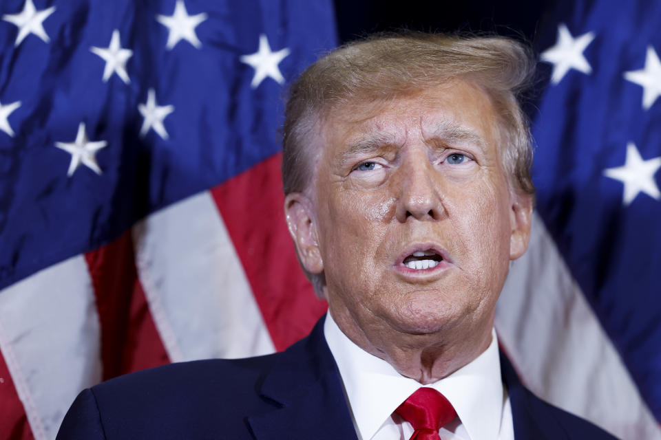 NATIONAL HARBOR, MARYLAND - MARCH 04: Former U.S. President Donald Trump speaks to reporters before his speech at the annual Conservative Political Action Conference (CPAC) at Gaylord National Resort & Convention Center on March 4, 2023 in National Harbor, Maryland. Trump took questions from reporters over a range of topics including on the progress of his campaign and his opinions on the war in Ukraine. Conservatives gathered at the four-day annual conference to discuss the agenda of the Republican Party. (Photo by Anna Moneymaker/Getty Images)