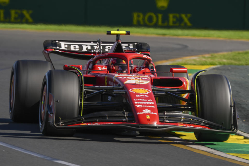 Ferrari driver Carlos Sainz of Spain steers his car during the Australian Formula One Grand Prix at Albert Park, in Melbourne, Australia, Sunday, March 24, 2024. (AP Photo/Asanka Brendon Ratnayake)