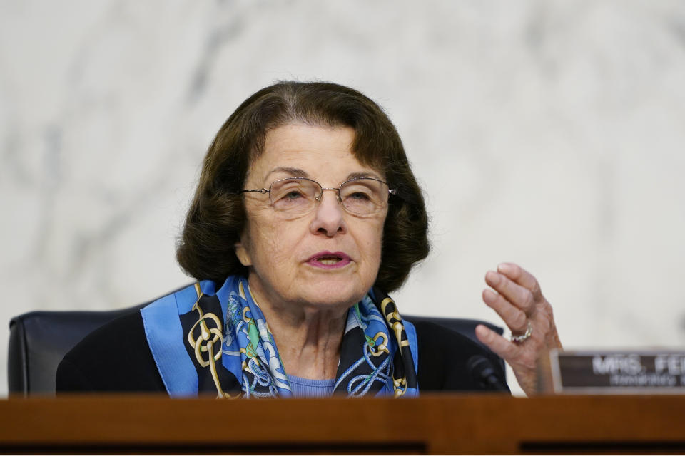 FILE - Ranking member Sen. Dianne Feinstein, D-Calif., speaks during the confirmation hearing for Supreme Court nominee Amy Coney Barrett, before the Senate Judiciary Committee, Oct. 14, 2020, on Capitol Hill in Washington. Feinstein announced Tuesday that she will not seek reelection in 2024, signaling the end of a groundbreaking political career spanning six decades in which she shattered gender barriers and left a mark on political battles over reproductive rights, gun control and environmental protection. (AP Photo/Susan Walsh, Pool, File)