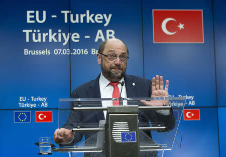 European Parliament President Martin Schulz holds a news conference during a EU-Turkey summit in Brussels, as the bloc is looking to Ankara to help it curb the influx of refugees and migrants flowing into Europe, March 7, 2016. REUTERS/Yves Herman
