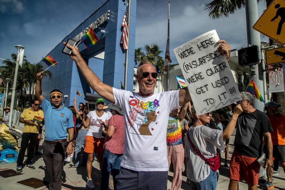 Joel Thieme was among a group of Surfside residents protested in front of the town hall building the town’s decision not to fly the LGBTQ flag for Pride month in June. on June 28, 2022.