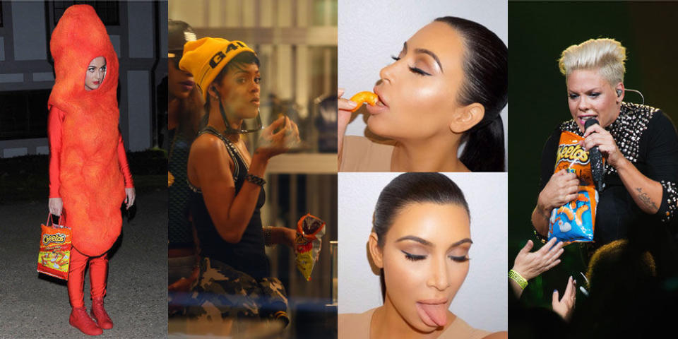 <p>Earlier this year, Kim Kardashian paid tribute to the Cheeto when she posted a selfie collage of herself savoring the delicious, orange-powdered snack. But she is not the first to publicly proclaim her love—Rihanna, Britney Spears, and Selena Gomez have, too. (Heck, Katy Perry even dressed like one.) Here, 11 stars thoroughly enjoying Cheetos, because it's Thursday, and you deserve a snack break.</p>
