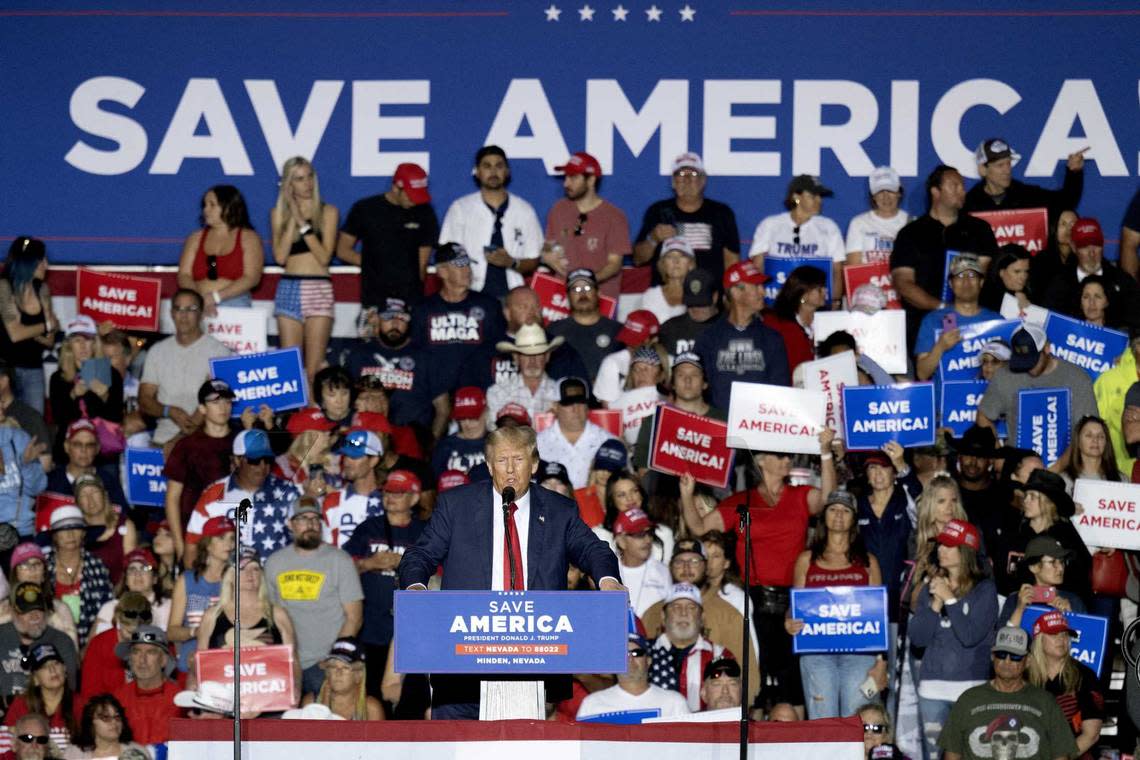 Former President Donald Trump speaks Saturday at a rally at the Minden Tahoe Airport in Minden, Nev.