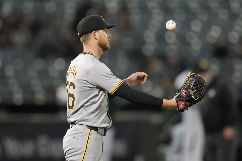 Pittsburgh Pirates pitcher Bailey Falter reacts after Oakland Athletics' Esteury Ruiz scored during the fifth inning of a baseball game in Oakland, Calif., Monday, April 29, 2024. (AP Photo/Jeff Chiu)