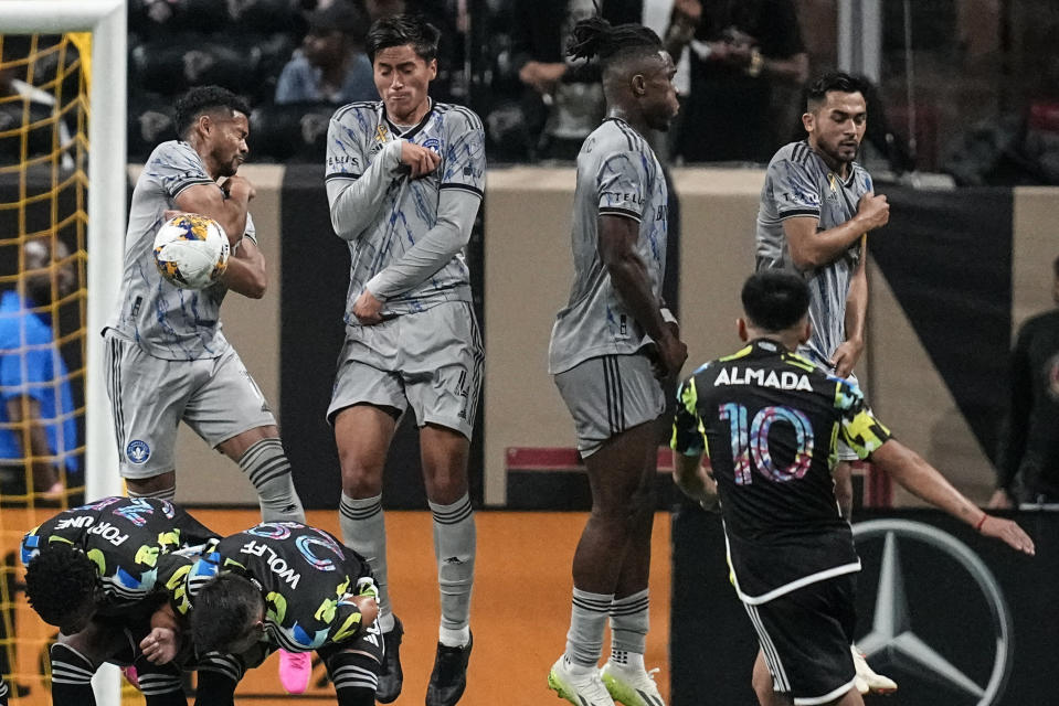 CF Montréal blocks a free kick by Atlanta United midfielder Luiz Araújo (10) during the second half of a MLS soccer match, Saturday, Sept. 23, 2023, in Atlanta. Atlanta United won 4-1. (AP Photo/Mike Stewart)