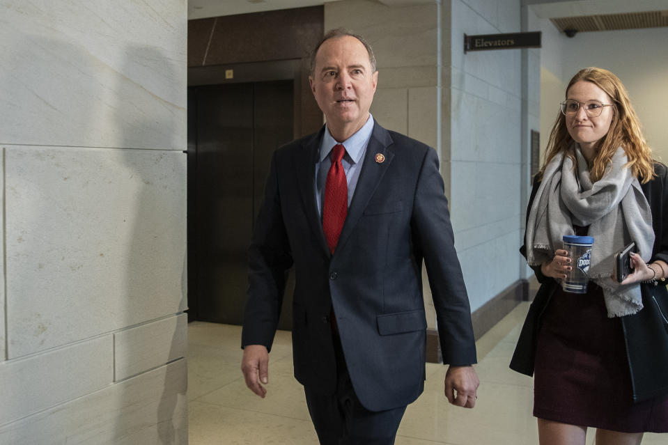 Rep. Adam Schiff, D-Calif., Chairman of the House Intelligence Committee arrives for a formerly planned joint committee deposition with Ambassador Gordon Sondland, with the transcript to be part of the impeachment inquiry into President Donald Trump, on Capitol Hill in Washington, Tuesday, Oct. 8, 2019. The Trump Administration ordered Ambassador Sondland not to appear. (AP Photo/Manuel Balce Ceneta)