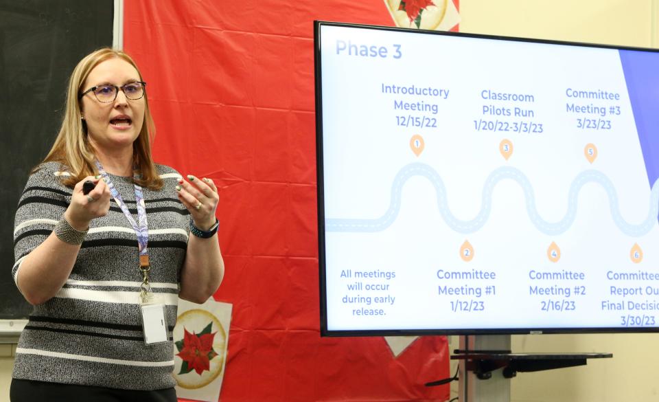 Shaya Helbig, director of professional services, speaks to teachers about curriculum at an in-service session Thursday, Dec. 15, 2022, at Navarre Middle School in South Bend. Navarre is in the South Bend school district's empowerment zone.