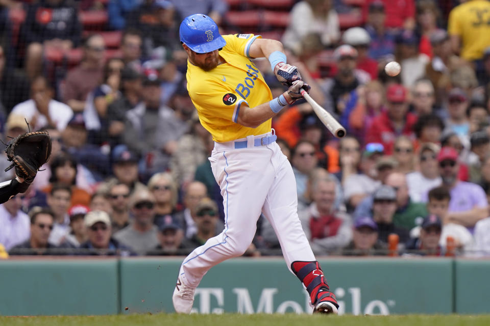 Boston Red Sox's Christian Arroyo hits a double in the second inning of a baseball game against the Baltimore Orioles, Thursday, Sept. 29, 2022, in Boston. (AP Photo/Steven Senne)