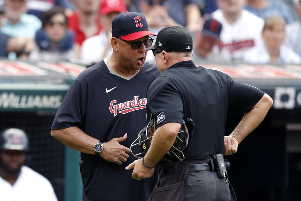 Cleveland Guardians manager Terry Francona, left, argues a call with home plate umpire Lance Barksdale during the eighth inning of a baseball game against the Milwaukee Brewers, Sunday, June 25, 2023, in Cleveland. (AP Photo/Ron Schwane)