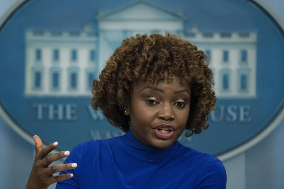 White House press secretary Karine Jean-Pierre, speaks during a press briefing at the White House in Washington, Tuesday, March 7, 2023. (AP Photo/Manuel Balce Ceneta)