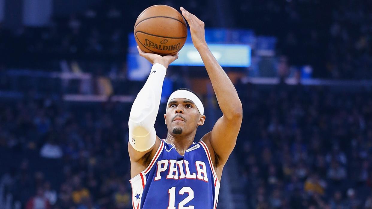 SAN FRANCISCO, CALIFORNIA - MARCH 07: Tobias Harris #12 of the Philadelphia 76ers shoots a free throw in the first half against the Golden State Warriors at Chase Center on March 07, 2020 in San Francisco, California.