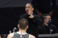 Los Angeles Clippers head coach Tyronn Lue gestures during the second half in Game 4 of the NBA basketball Western Conference Finals against the Phoenix Suns Saturday, June 26, 2021, in Los Angeles. (AP Photo/Mark J. Terrill)