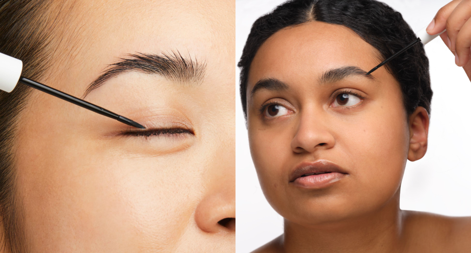 split screen of asian woman applying lash serum on eyelashes and black woman applying the ordinary Multi-Peptide Lash and Brow Serum on eyebrows