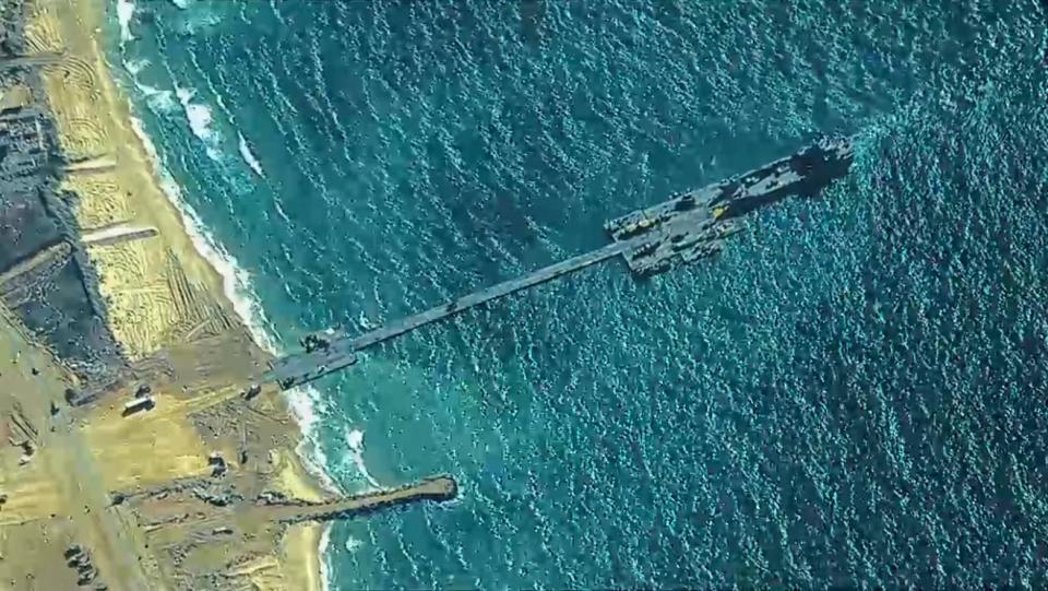 This handout picture courtesy of the US Central Command taken on May 16, 2024 shows the Trident Pier on the Gaza coast.