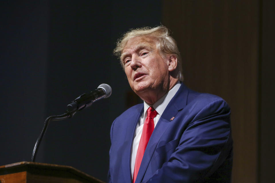 FILE - Former President Donald Trump speaks during the New Hampshire Republican State Committee 2023 annual meeting, Jan. 28, 2023, in Salem, N.H. (AP Photo/Reba Saldanha, File)