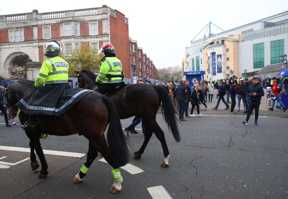 Police patrol outside Stamford Bridge ahead of Chelsea and West Ham United. (Photo by Julian Finney/Getty Images)