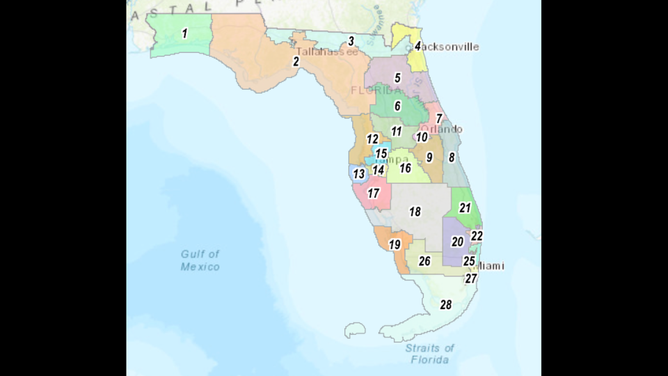 This is a screenshot of the Florida House’s latest congressional map, released Thursday, Feb. 10, 2022.