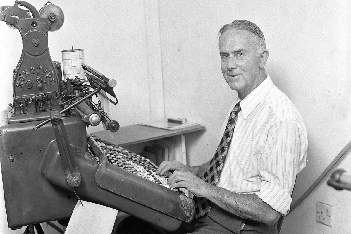 Ken Lukies at a Monotype letter-press keyboard based at JH Lake and Co Ltd at Ponsharden <i>(Image: Falmouth Packet/Falmouth History Archive)</i>